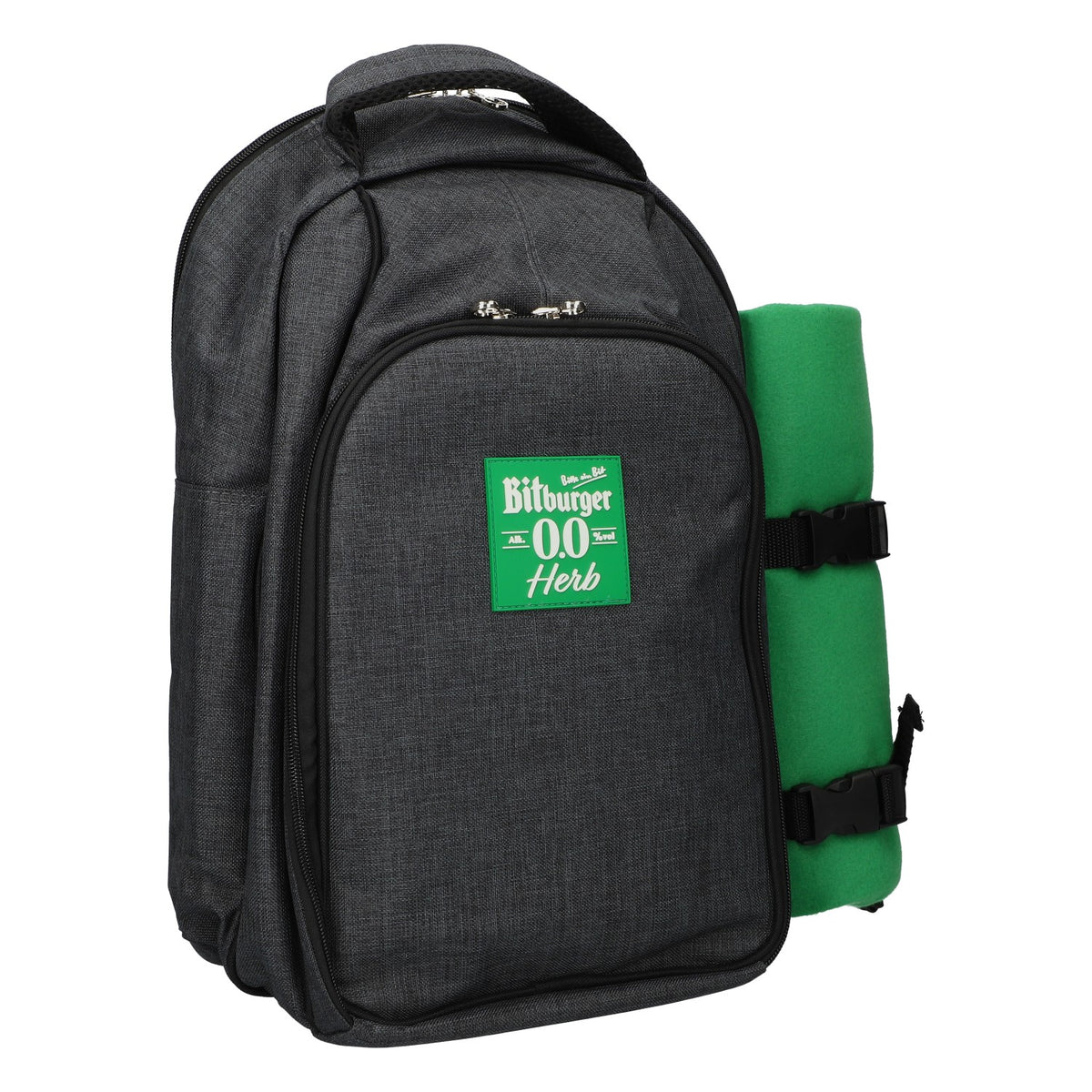Bitburger Picknick Rucksack BBQ Kühlfach Set mit Decke Teller Besteck grau