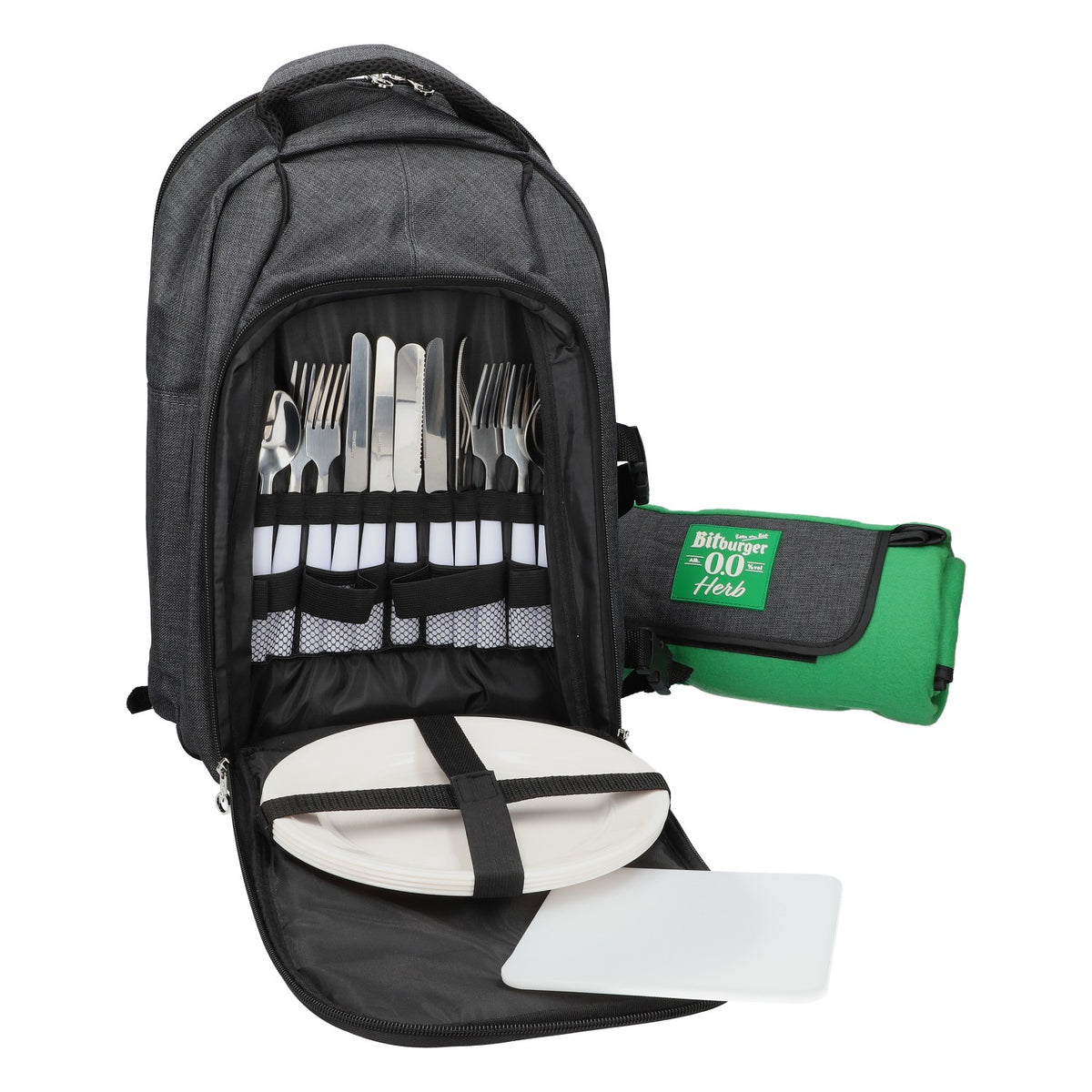 Bitburger Picknick Rucksack BBQ Kühlfach Set mit Decke Teller Besteck grau – Ansicht 5
