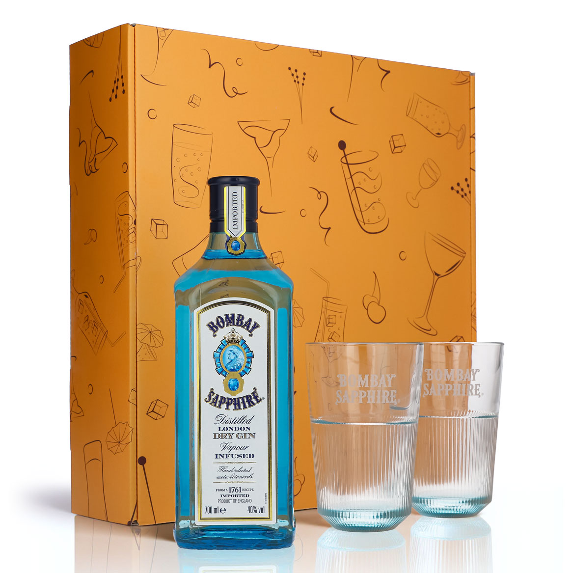 Bombay Sapphire Gin Geschenkset 0,7l Flasche 40% Vol. + 2 Longdrinkglas Relief l Orange
