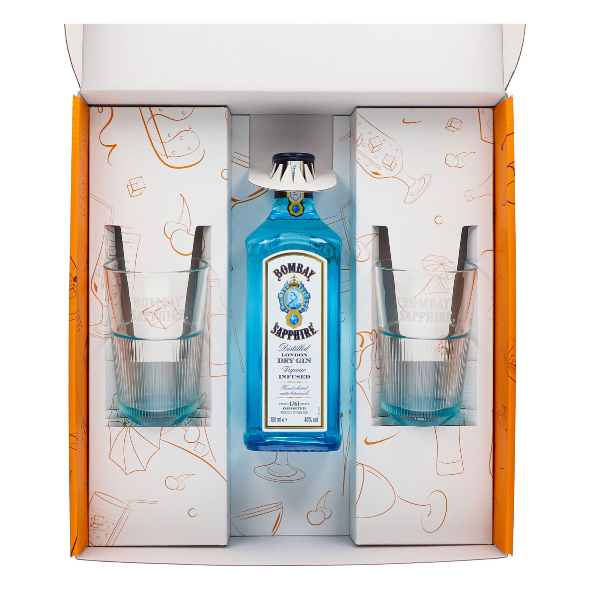 Bombay Sapphire Gin Geschenkset 0,7l Flasche 40% Vol. + 2 Longdrinkglas Relief l Orange – Ansicht 3