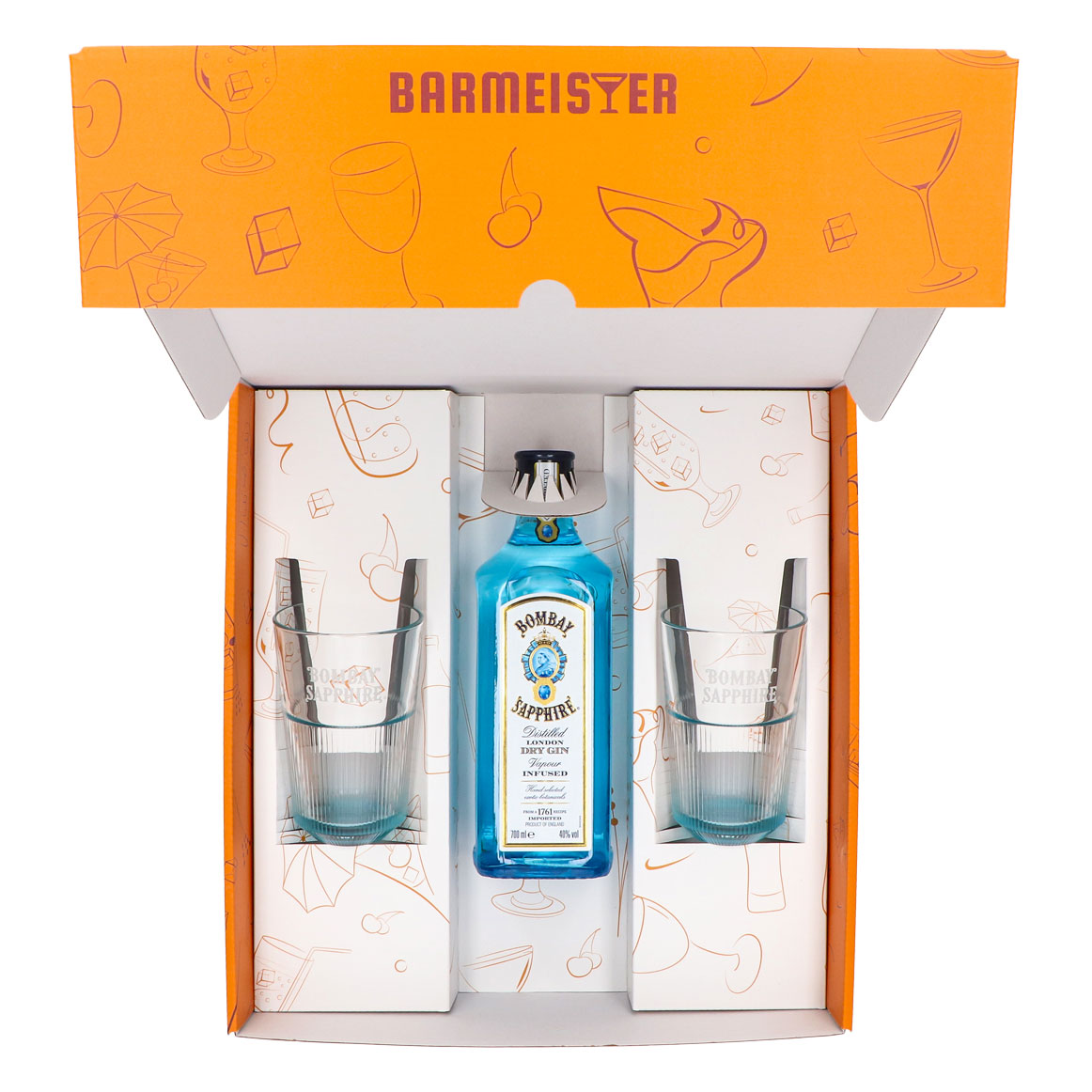 Bombay Sapphire Gin Geschenkset 0,7l Flasche 40% Vol. + 2 Longdrinkglas Relief l Orange – Ansicht 5