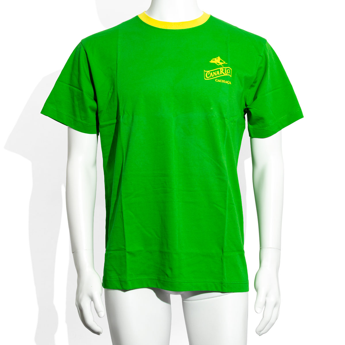 Canario Cachaca T-Shirt Herren grün uni Rund-Ausschnitt gelber Rand Gr. M
