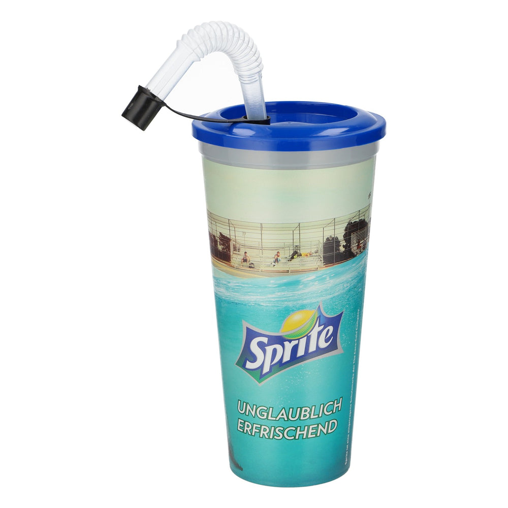 Coca Cola Sprite Mehrwegbecher mit Strohhalm 0,6l Bade Motiv Kunststoff