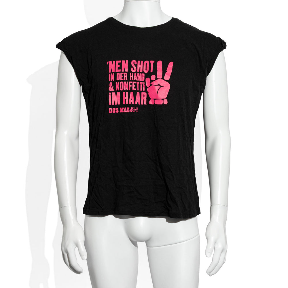 Dos Mas Likör T-Shirt Schwarz pinke Schrift Größe S/M Girl Shirt "Nen shot in der Hand & Konfetti im Haar"