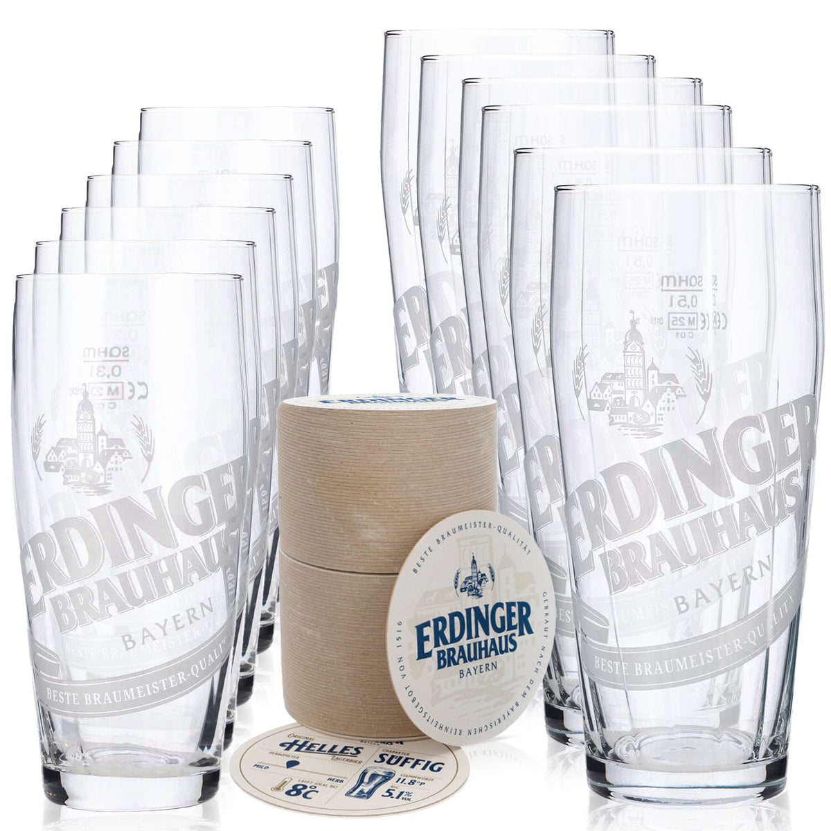 Erdinger Bier Bar Bundle Set II aus 12x Biergläser 0,5l/0,3l und 100 Bierdeckel