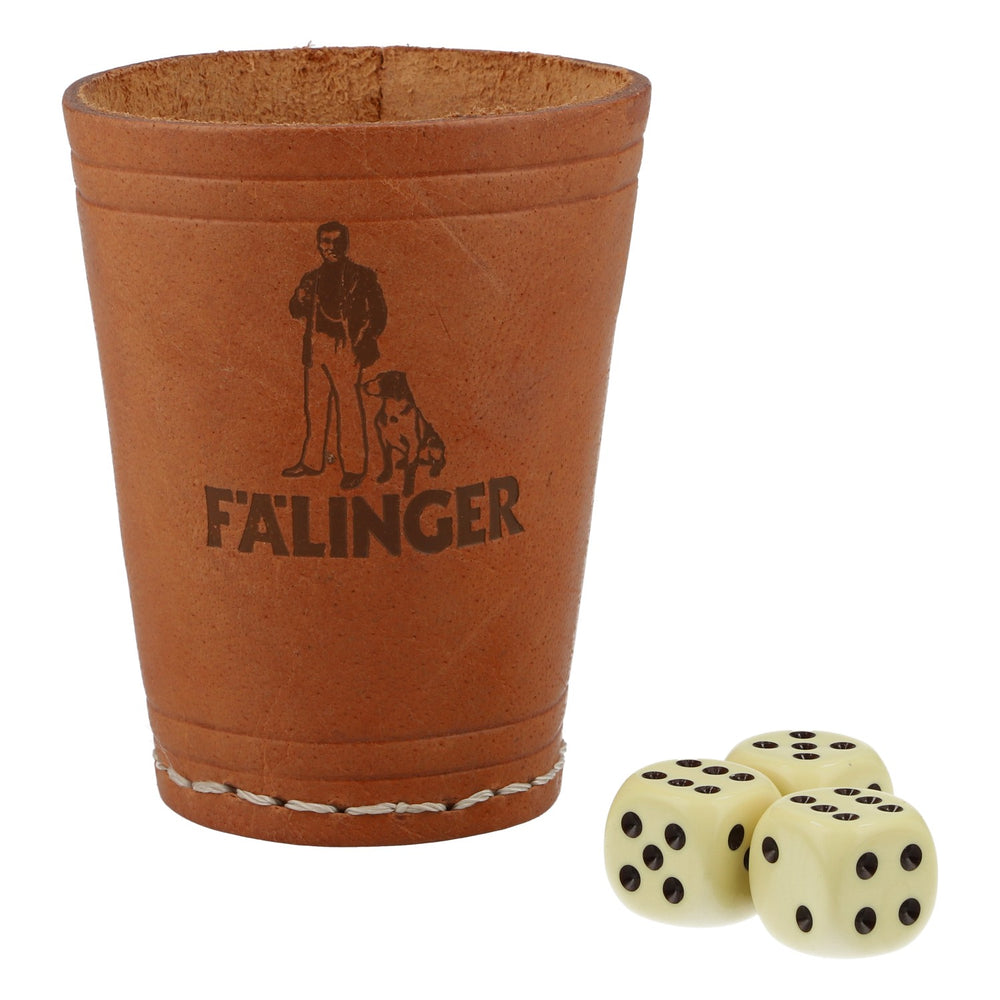 Fälinger Korn Würfelbecher Leder 3 Würfel braun Logo 6,5cm Würfelspiel