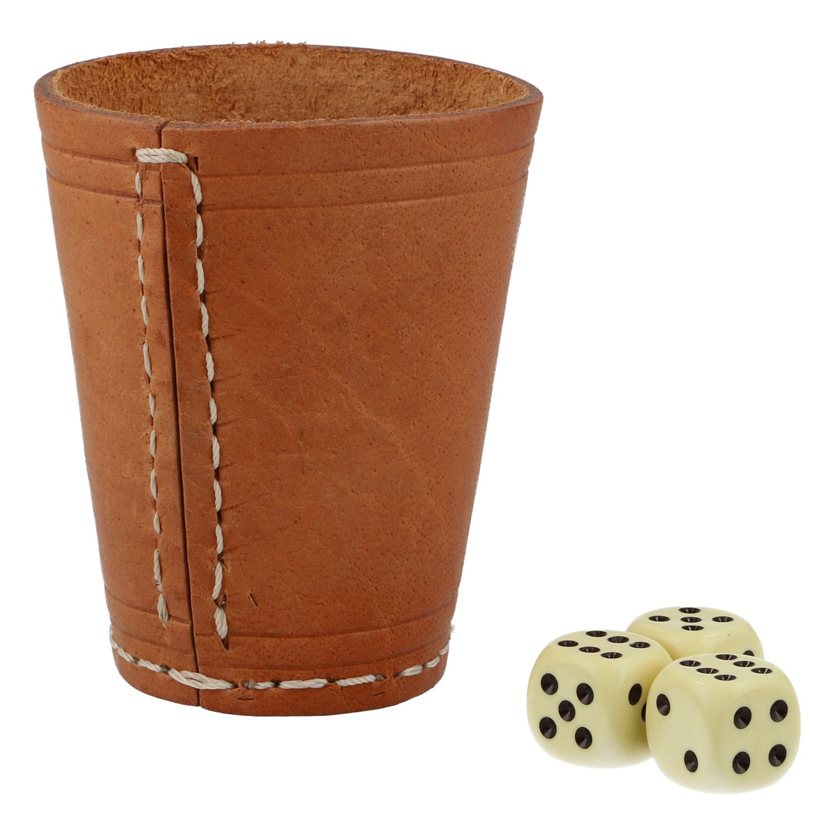 Fälinger Korn Würfelbecher Leder 3 Würfel braun Logo 6,5cm Würfelspiel – Ansicht 2