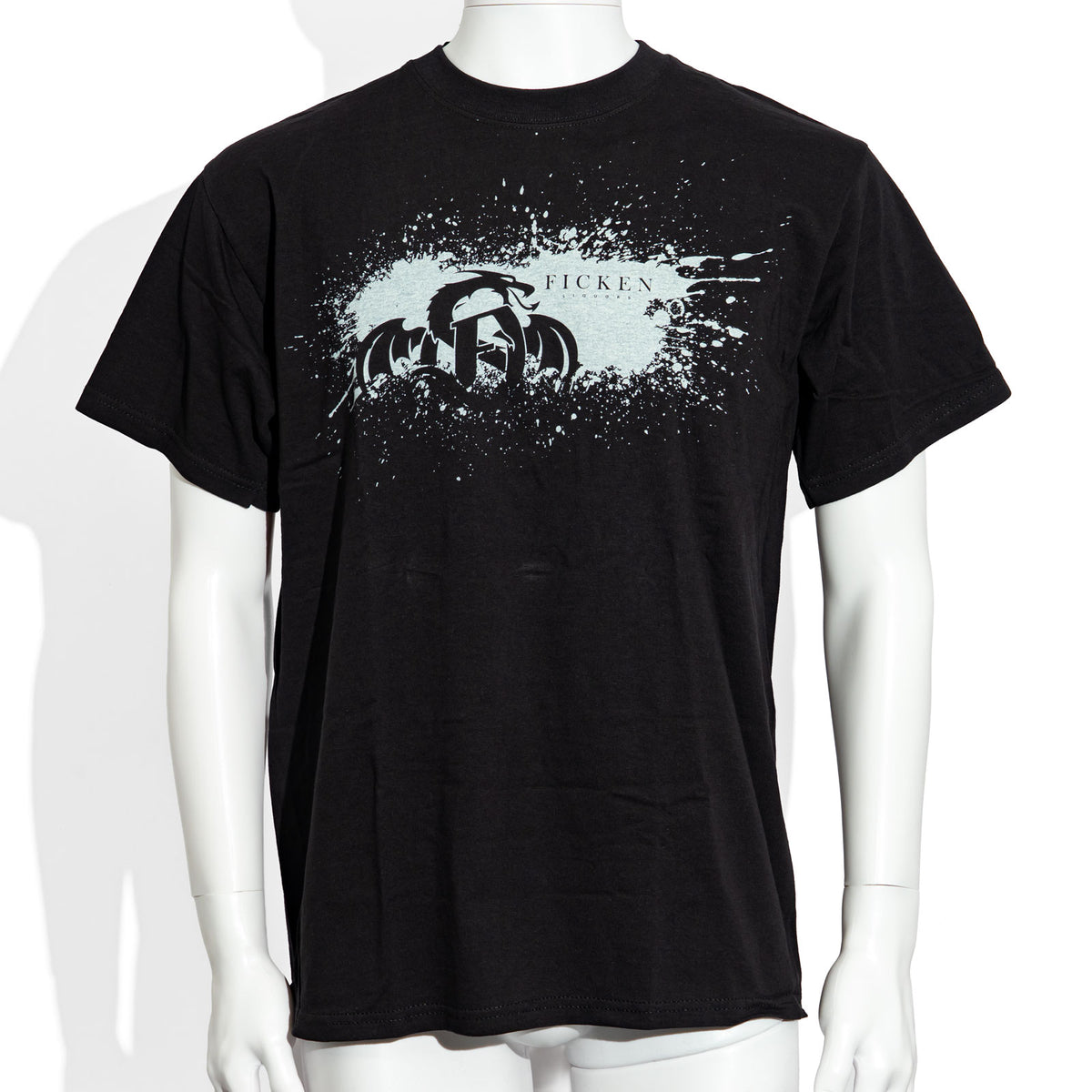 Ficken Likör Glas Schwarz Drachenmotiv silberner Druck Gr. L Baumwolle T-Shirt