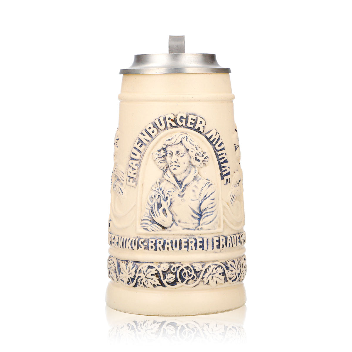 Frauenburger Mumme Bier Glas Tonkrug 0,74l mit Zinndeckel Ton Copernikus Relief