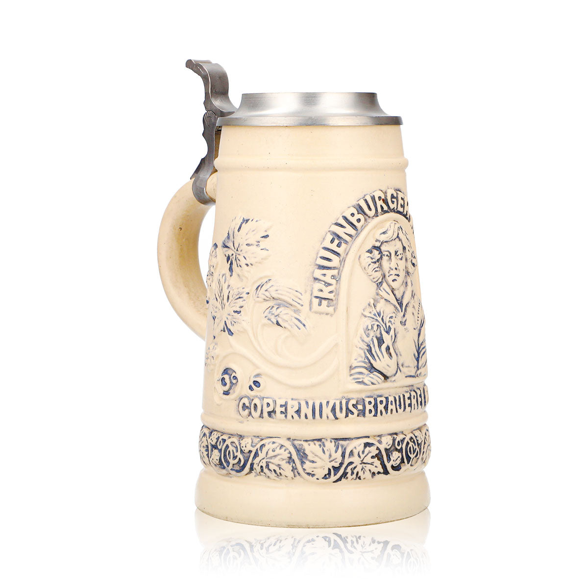 Frauenburger Mumme Bier Glas Tonkrug 0,74l mit Zinndeckel Ton Copernikus Relief – Ansicht 2