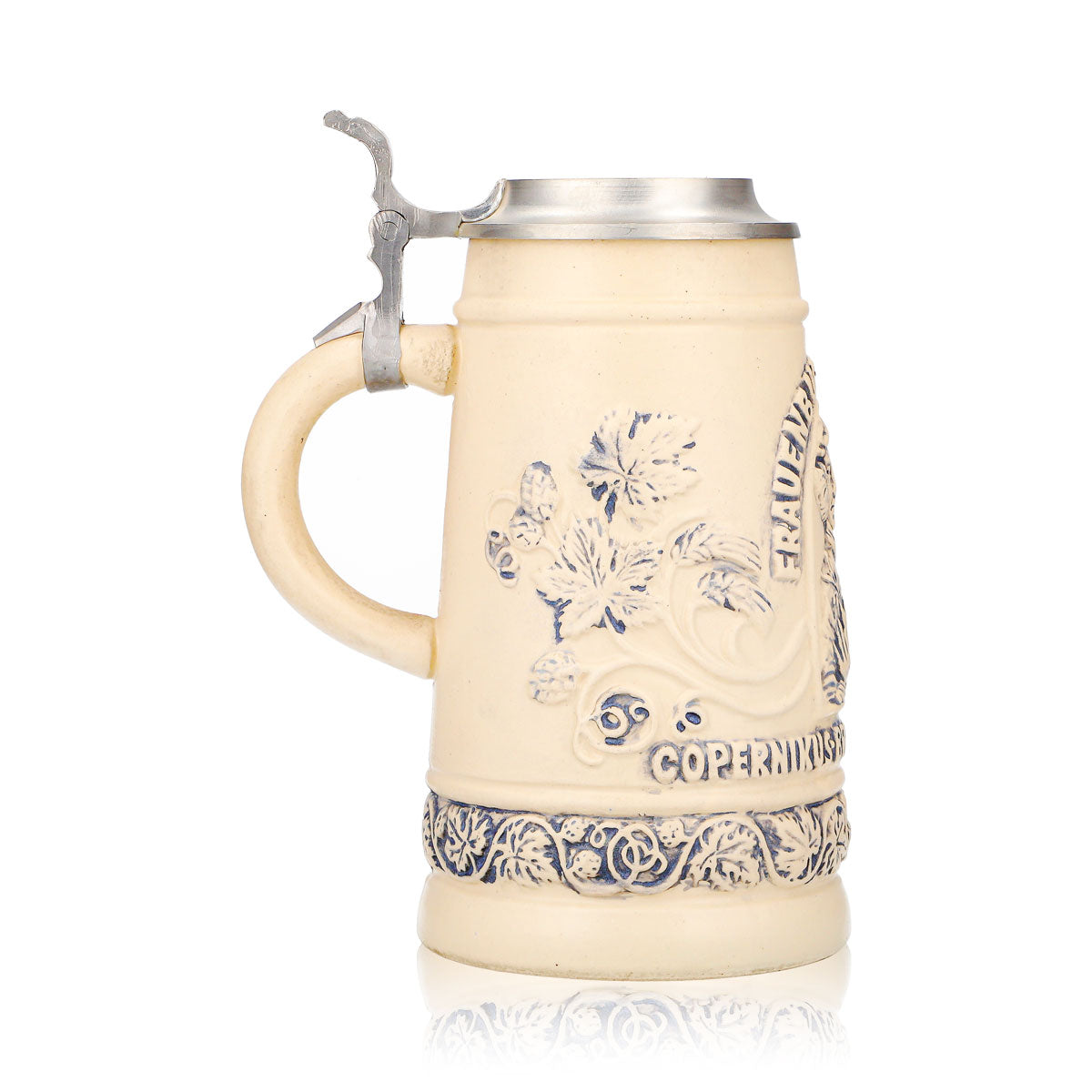 Frauenburger Mumme Bier Glas Tonkrug 0,74l mit Zinndeckel Ton Copernikus Relief – Ansicht 3