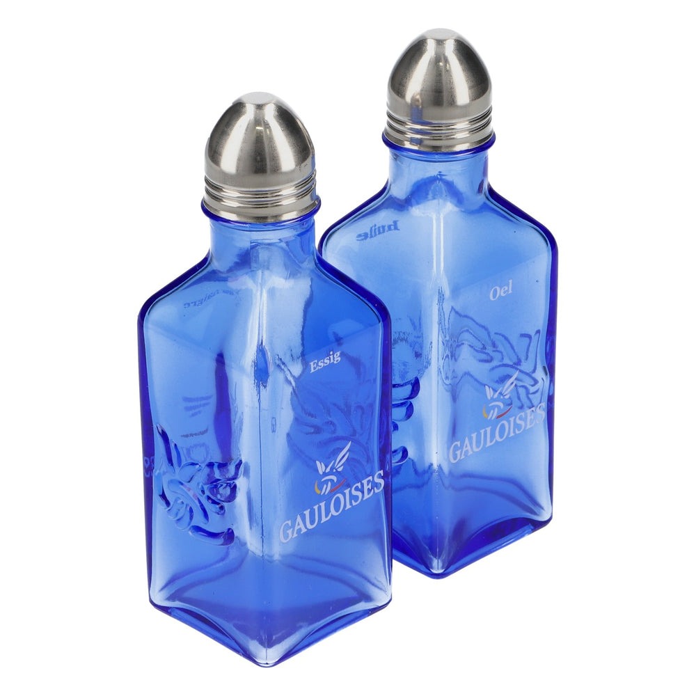 Gauloises Zigaretten Glas Öl- und Essigflasche Set Menagenset blau