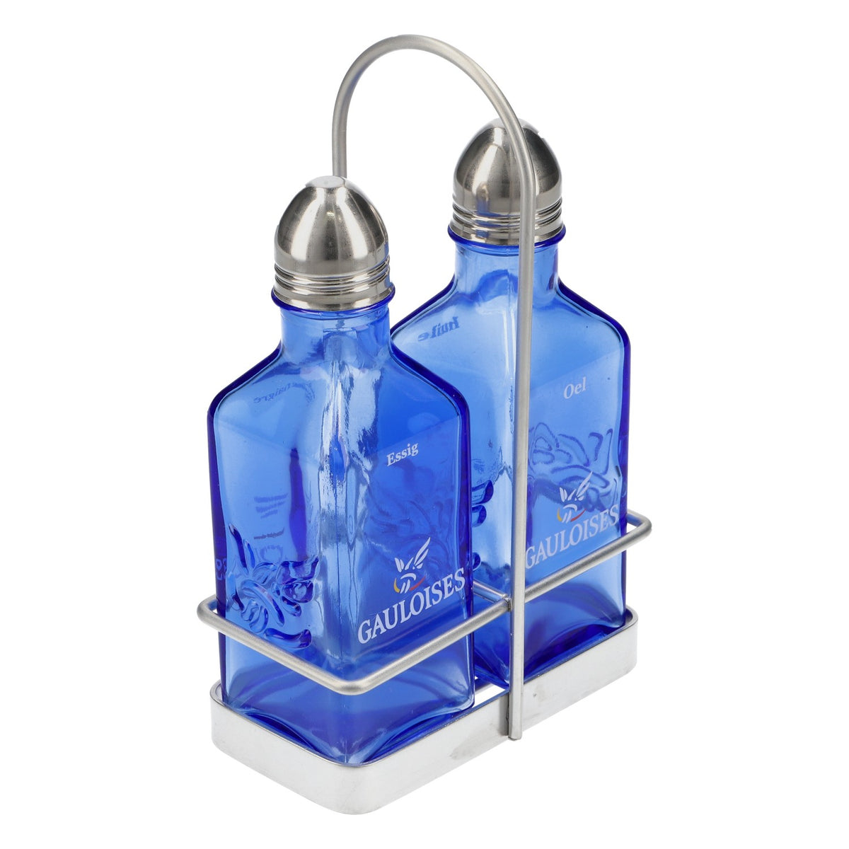 Gauloises Zigaretten Glas Öl- und Essigflasche Set Menagenset blau – Ansicht 3