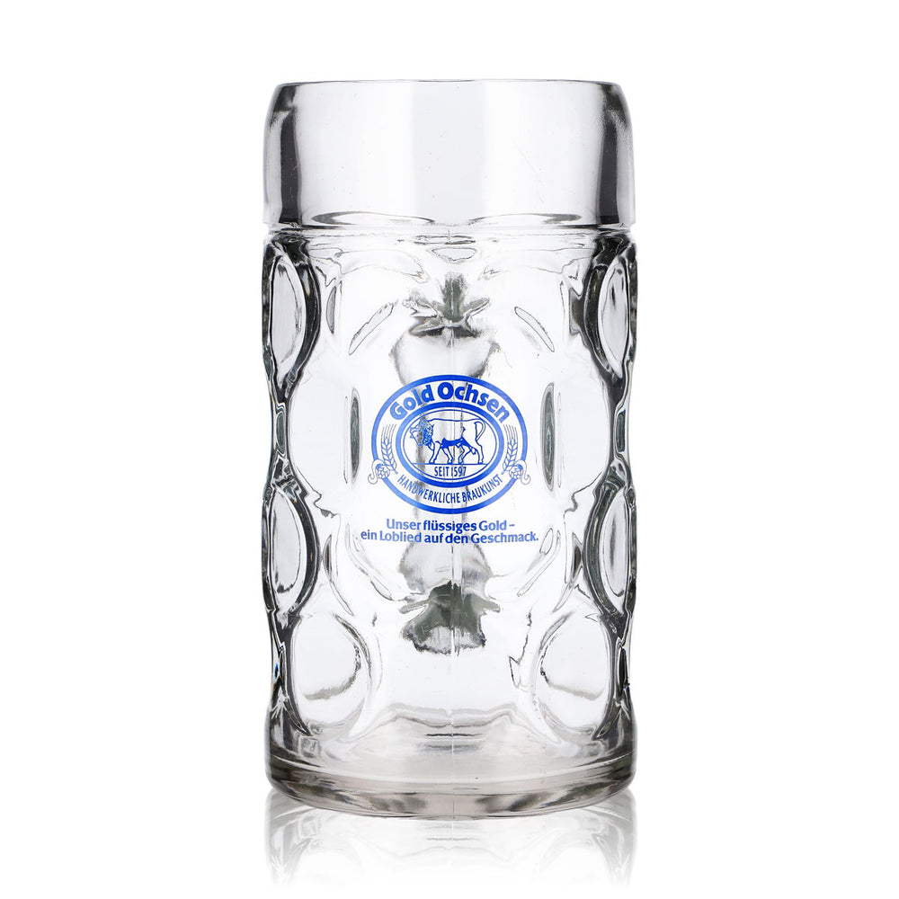 Gold Ochsen Bier Glas 1l Krug Blaues Logo