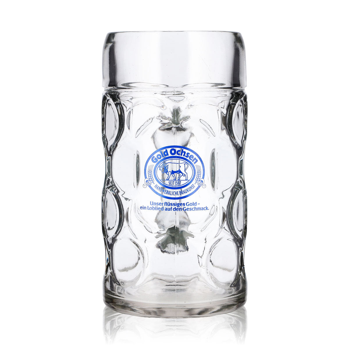 Gold Ochsen Bier Glas 1l Krug Blaues Logo