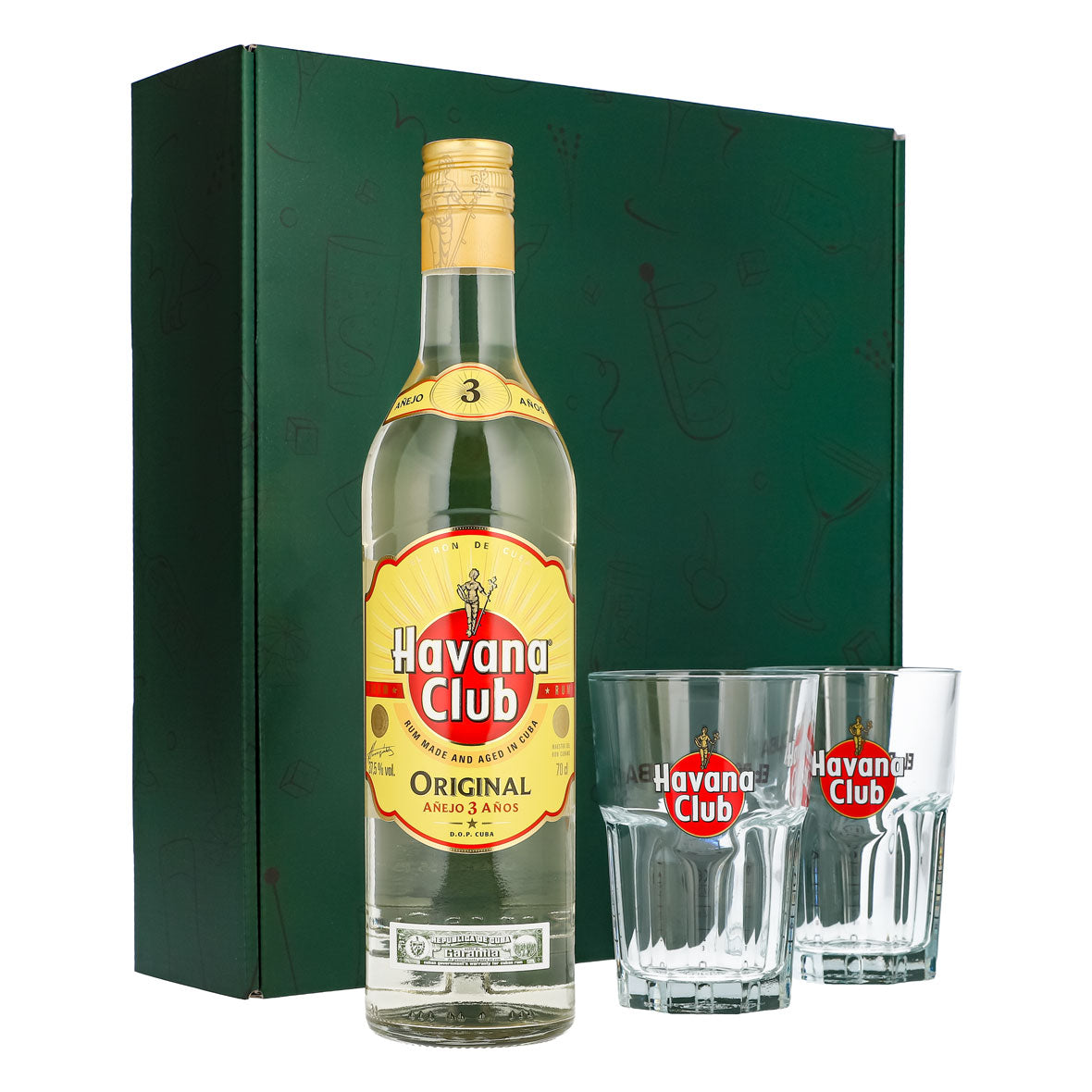 Havana Club Geschenkset 0,7l Flasche 37,5 % Vol. + Longdrink Gläser–grün