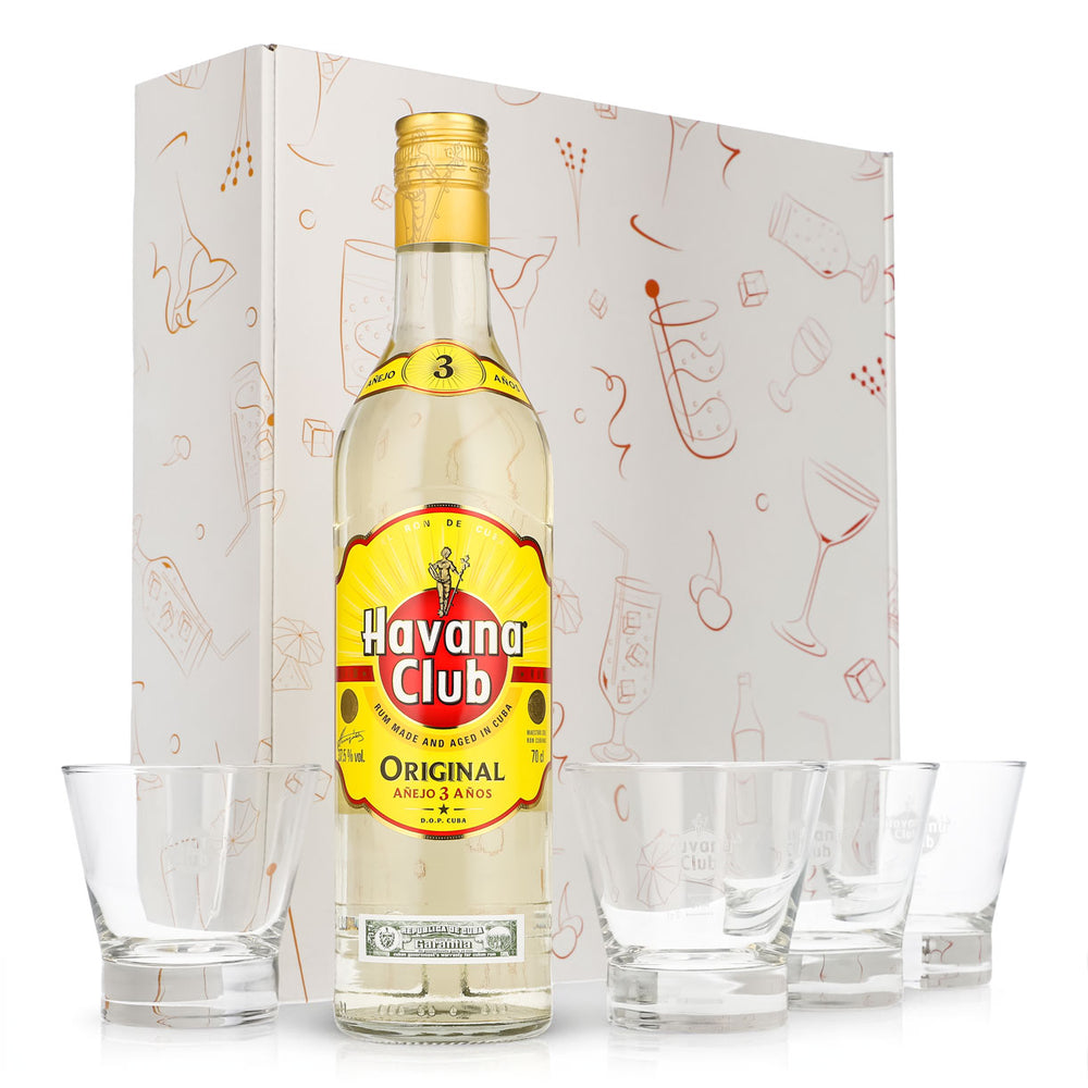 Havana Club Geschenkset 0,7l Flasche 37,5 % Vol. + Tumbler V-Form Gläser–Weiß