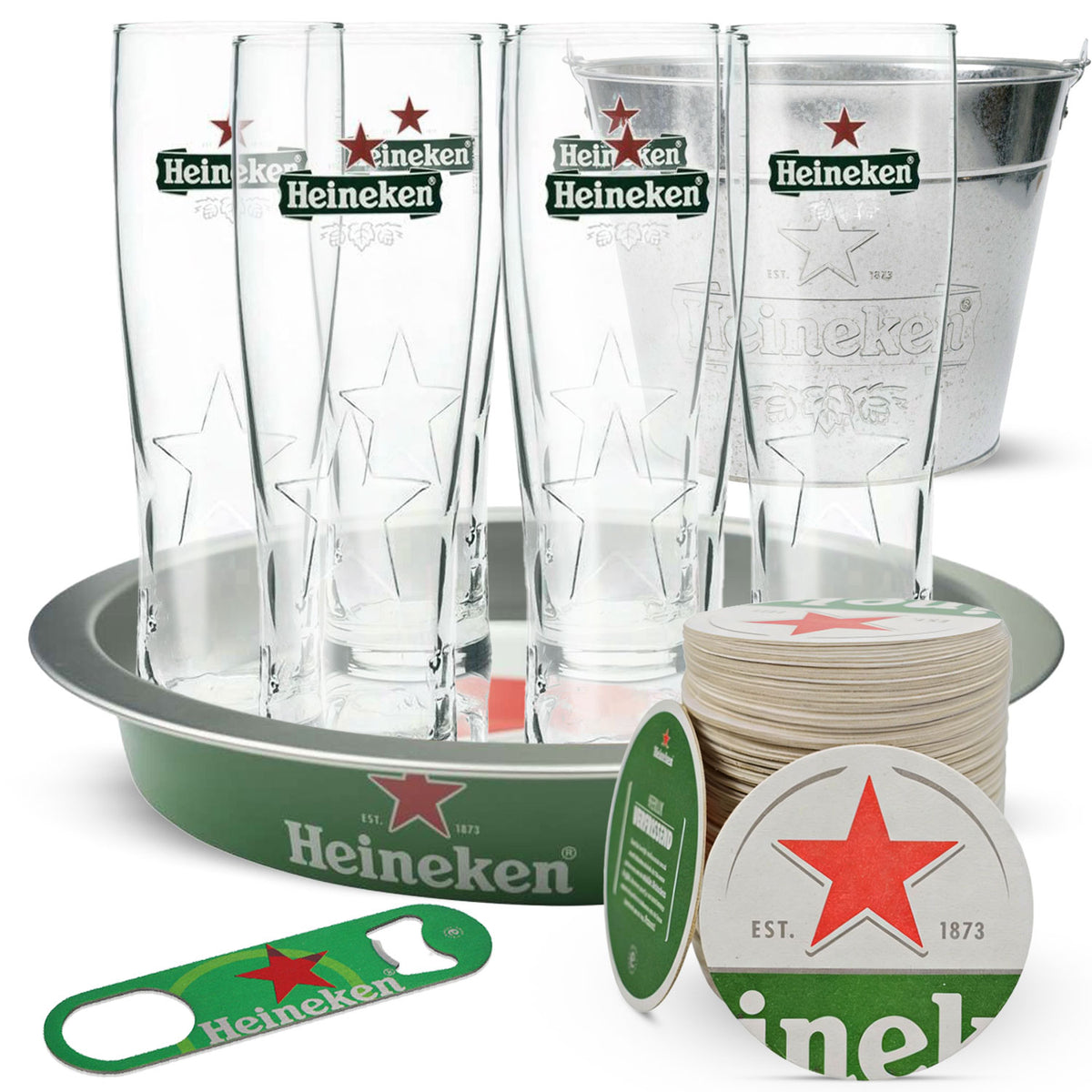 Heineken Party Bundle Set I aus Biergläsern Eiseimer Tablett Deckel Öffner