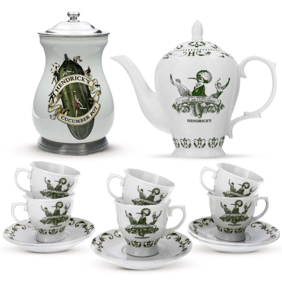Hendrick Gin Porzellan Bundle Set aus 13teil.Teeservice 1,5l Gurkentopf