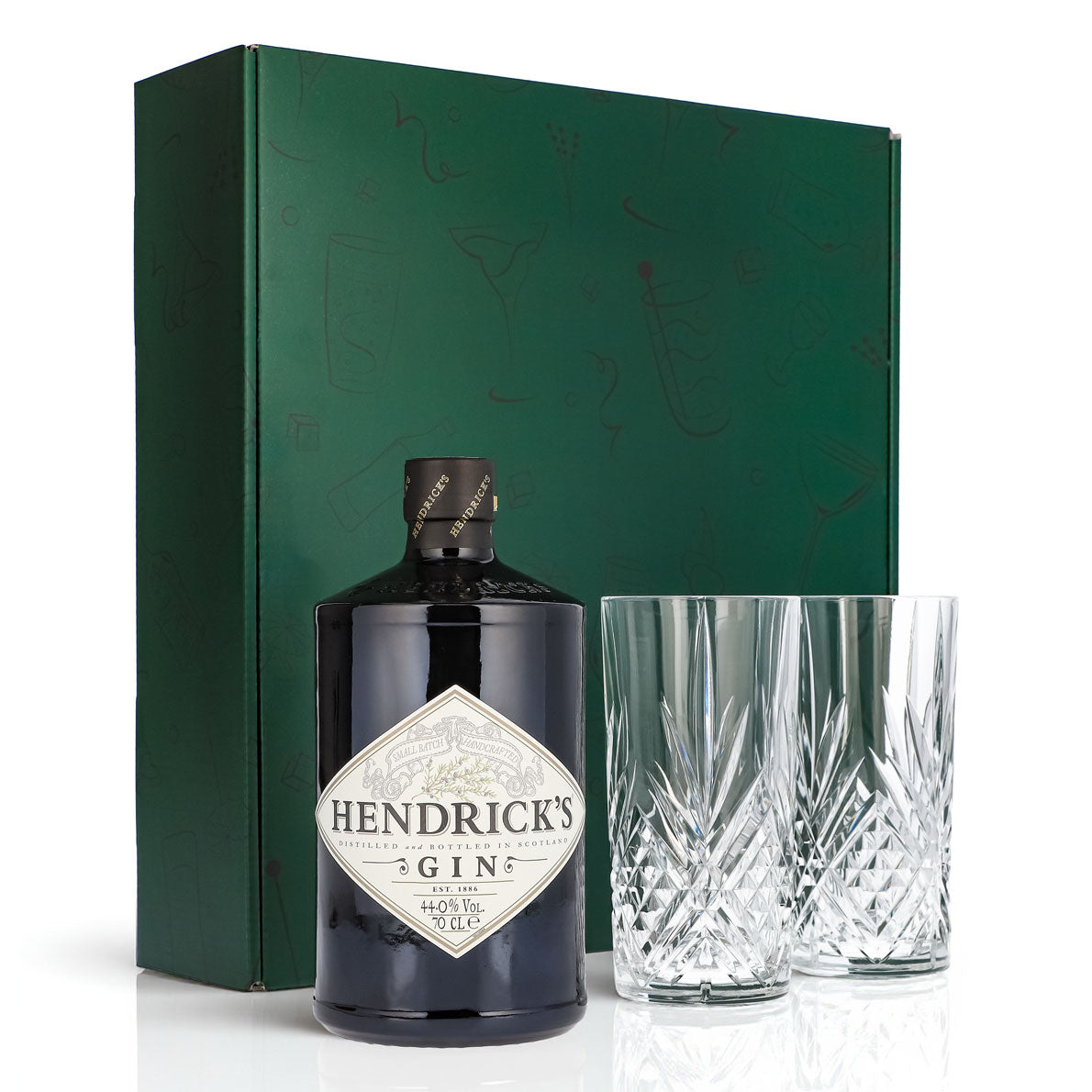 Hendricks Gin Geschenkset 0,7l Flasche 44,0 % Vol. + Longdrinkgläser Relief–Grün