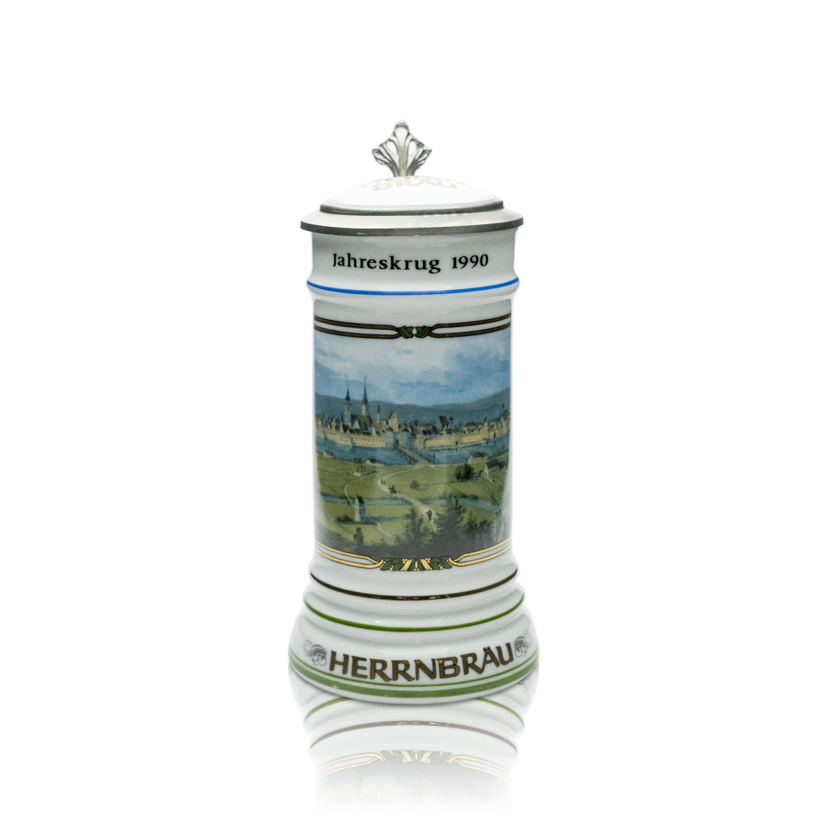 Herrnbräu Bierkurg Glas Jahreskrug 1990 Zinndeckel Zertifikat Sammler Humpen