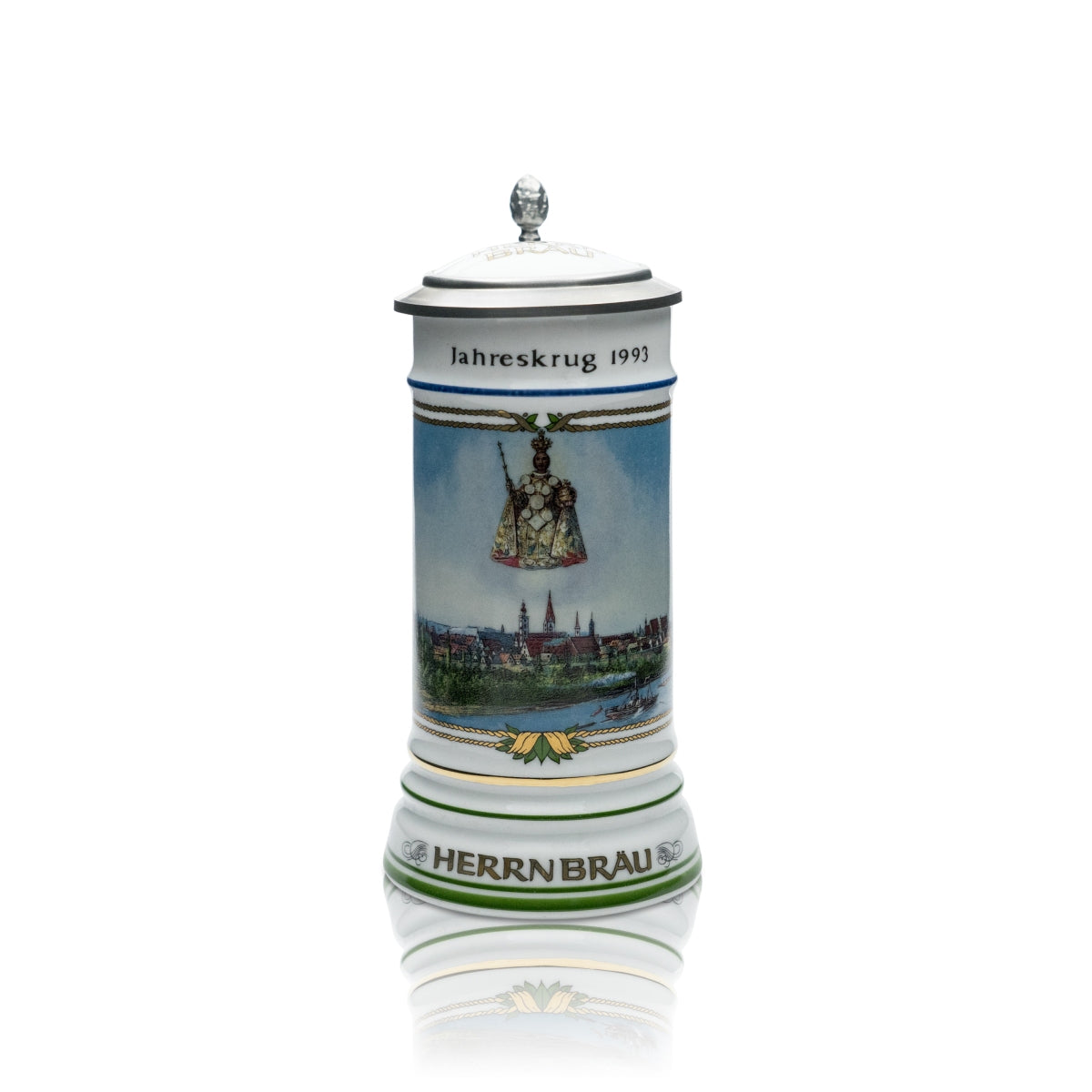 Herrnbräu Tonkrug Glas 0,5l Seidel Humpen Jahreskrug 1993 Zinndeckel Zertifikat