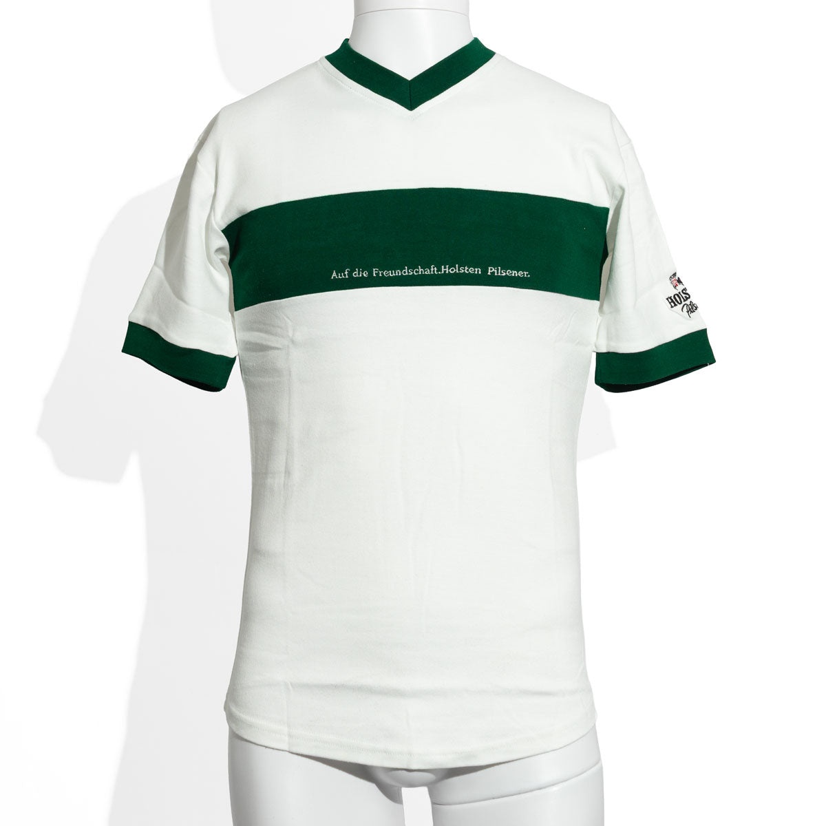 Holsten T-Shirt grün/weiß Shirt "Auf die Freundschaft" V-Ausschnitt Gr.S/M