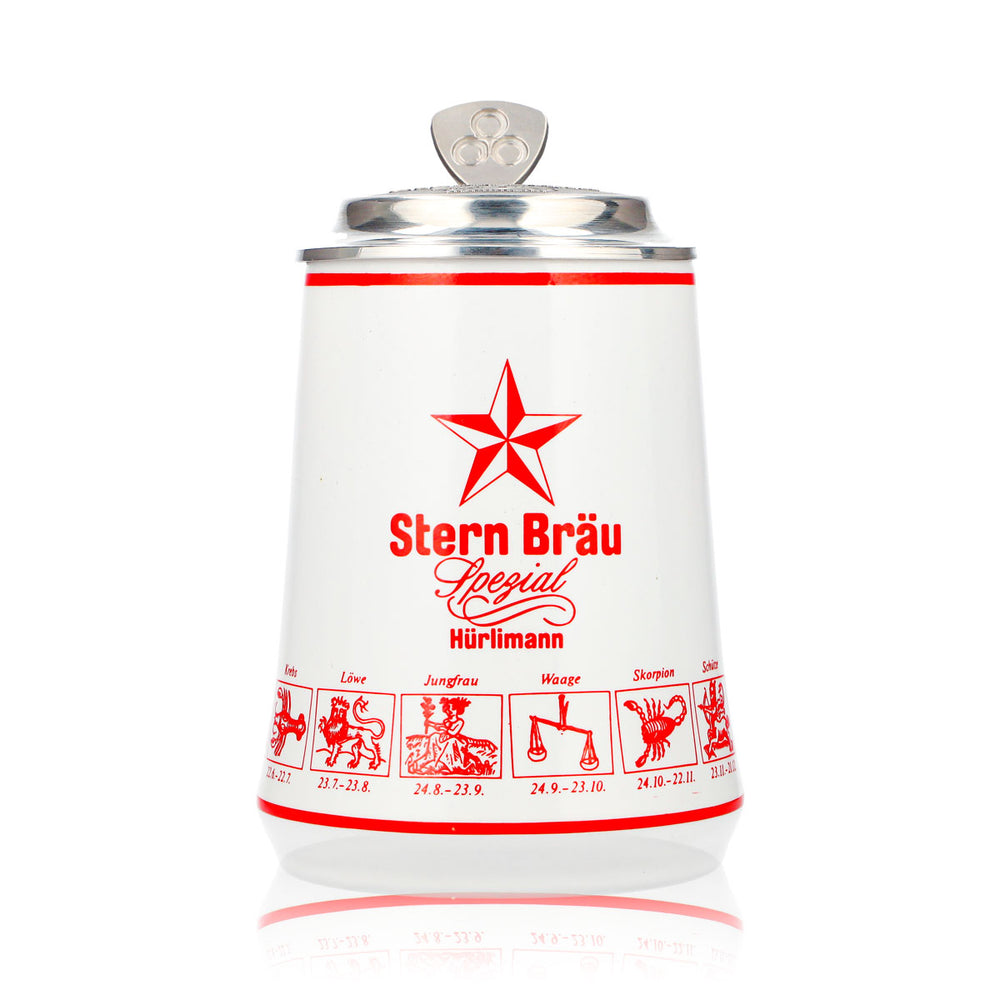 Hürlimann Sternbräu Bier Glas Tonkrug 0,62l mit Zinndeckel Relief Sternzeichen