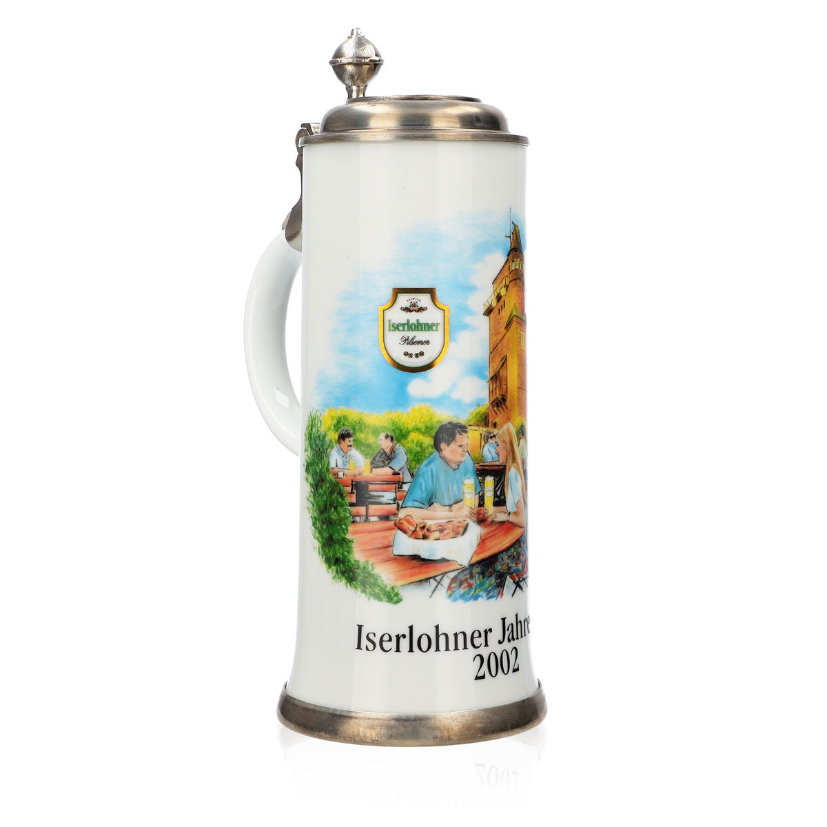 Iserlohner Bierglas Jahreskrug 2002 Steinzeugkrug Seidel Zinndeckel 0,65l Krug – Ansicht 2