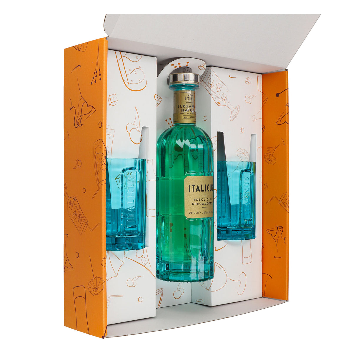 Italicus Spritz Geschenkset 0,7l Flasche 20,0 % Vol. + Longdrinkgläser Blau–Orange – Ansicht 2