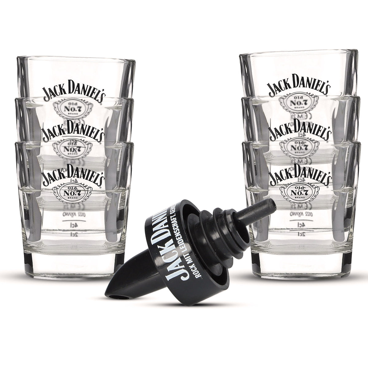 Jack Daniels Bar Bundle Set I aus 6x Glas Tumbler und einen Flaschenausgießer