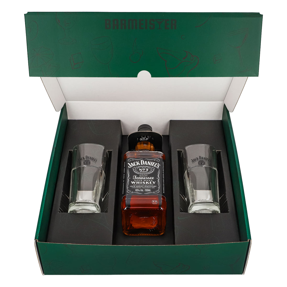 Jack Daniels Geschenkset 0,7l Flasche 40,0 % Vol. + Longdrinkgläser stapelbar–Grün – Ansicht 2