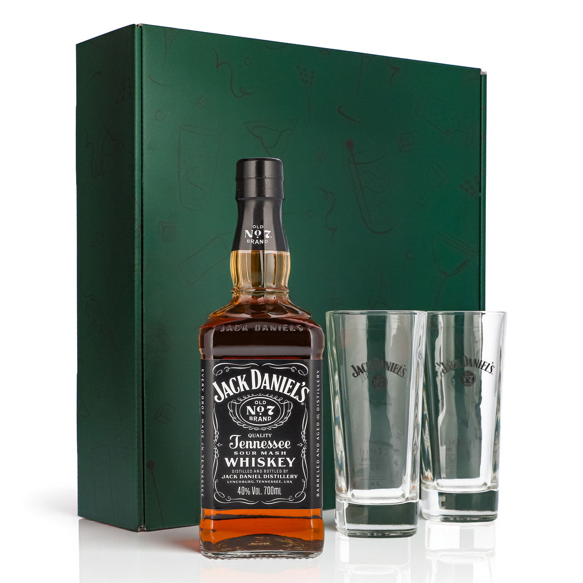 Jack Daniels Geschenkset 0,7l Flasche 40,0 % Vol. + Longdrinkgläser–Grün
