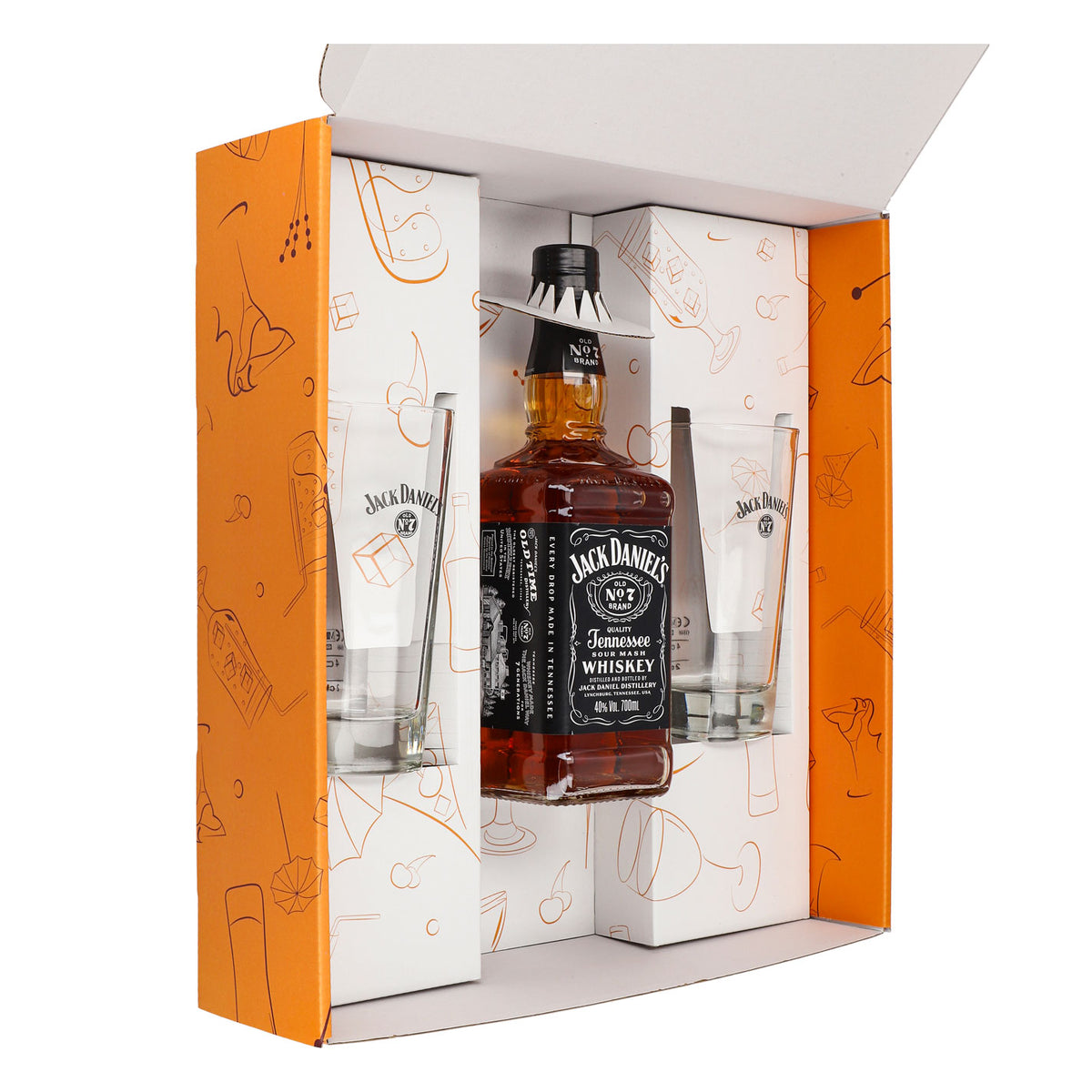 Jack Daniels Geschenkset 0,7l Flasche 40,0 % Vol. + Longdrinkgläser–Orange – Ansicht 2