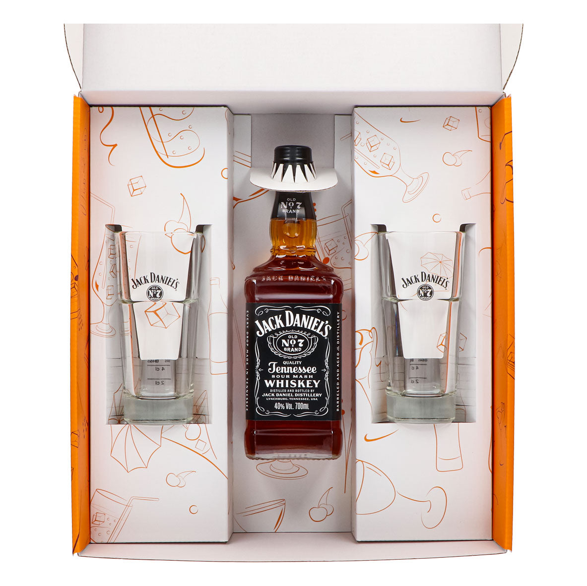 Jack Daniels Geschenkset 0,7l Flasche 40,0 % Vol. + Longdrinkgläser stapelbar–Orange – Ansicht 4