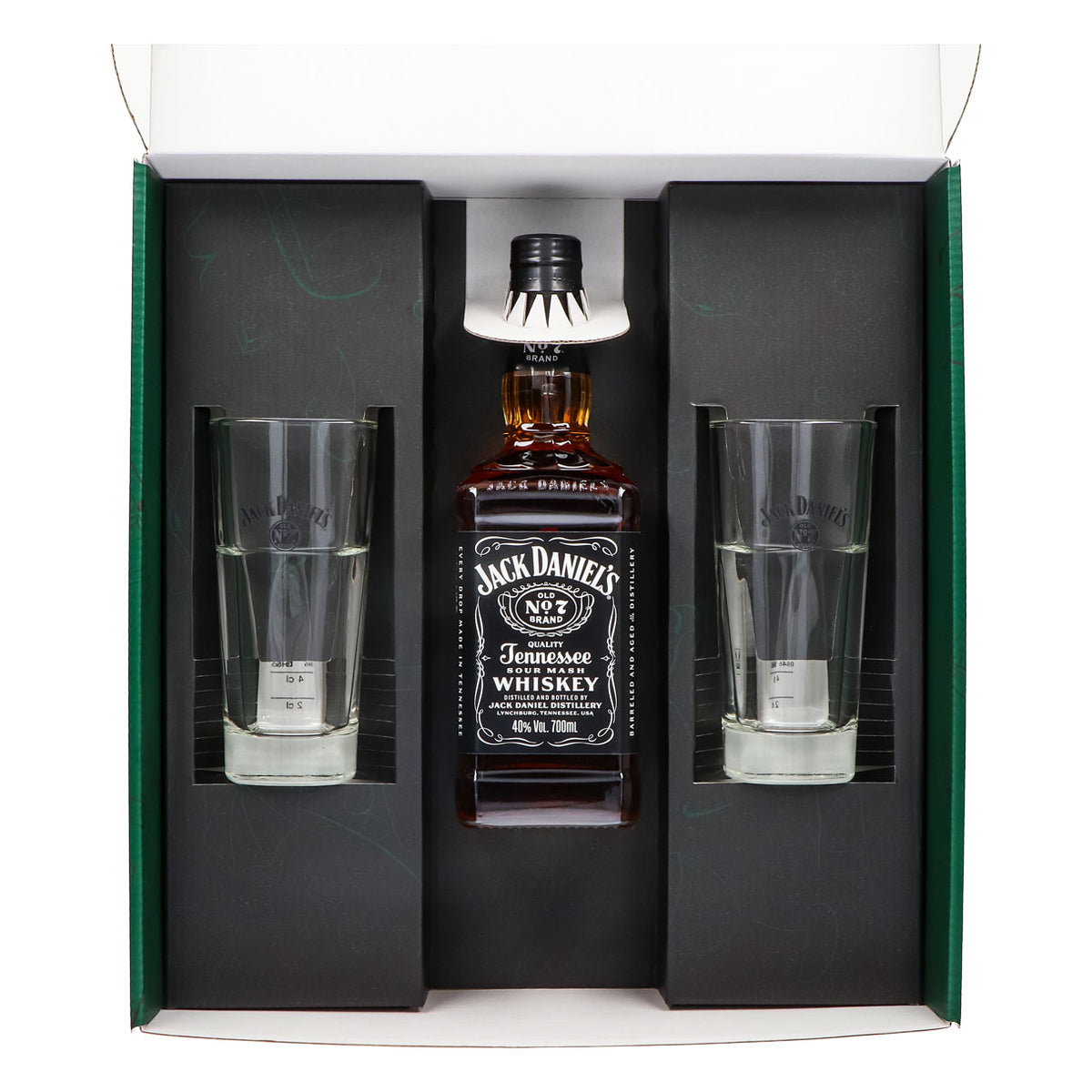 Jack Daniels Geschenkset 0,7l Flasche 40,0 % Vol. + Longdrinkgläser stapelbar–Grün – Ansicht 3