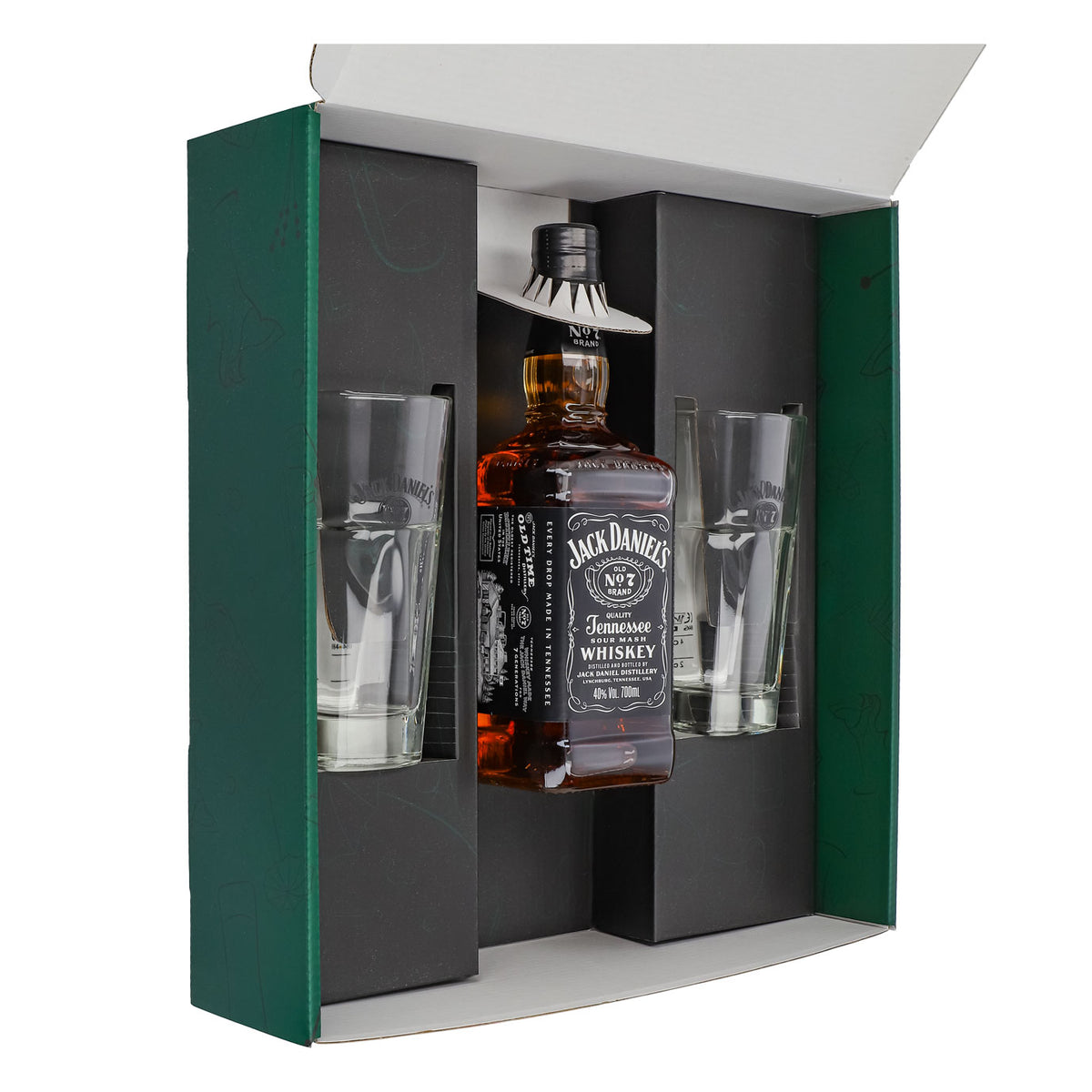 Jack Daniels Geschenkset 0,7l Flasche 40,0 % Vol. + Longdrinkgläser stapelbar–Grün – Ansicht 4