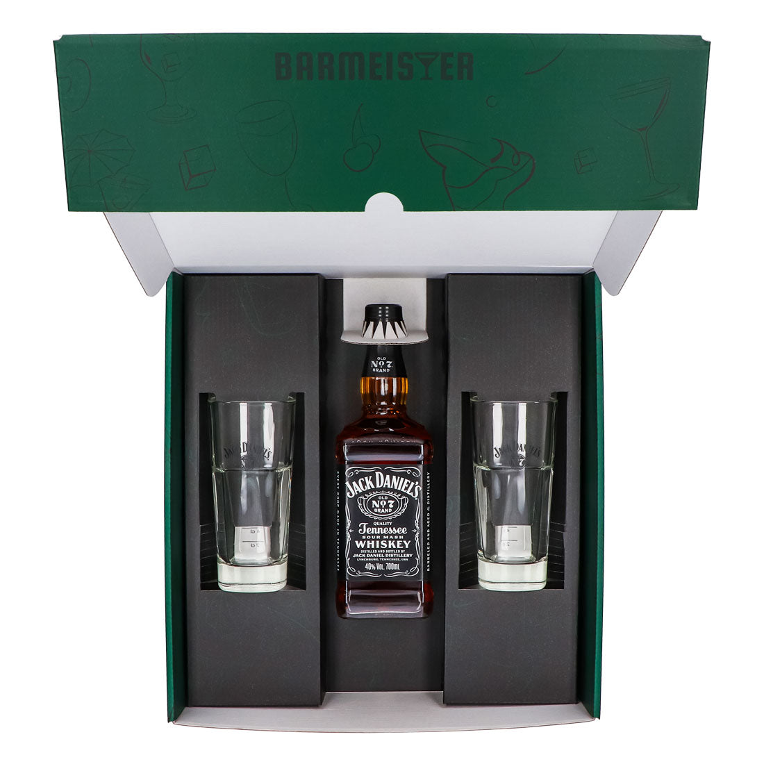 Jack Daniels Geschenkset 0,7l Flasche 40,0 % Vol. + Longdrinkgläser stapelbar–Grün – Ansicht 5