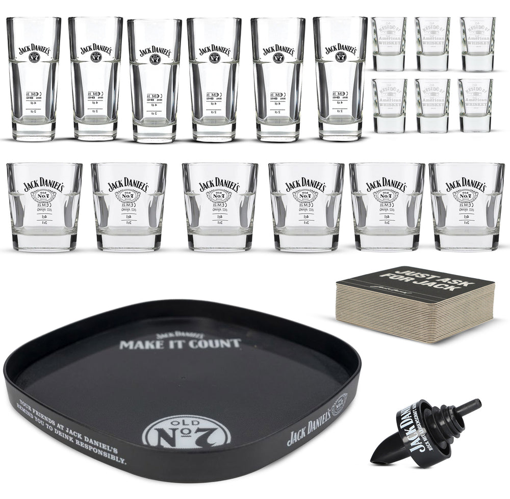 Jack Daniels Party Bundle Set aus LD Glas Shotglas Tumbler Tablett Ausgießer