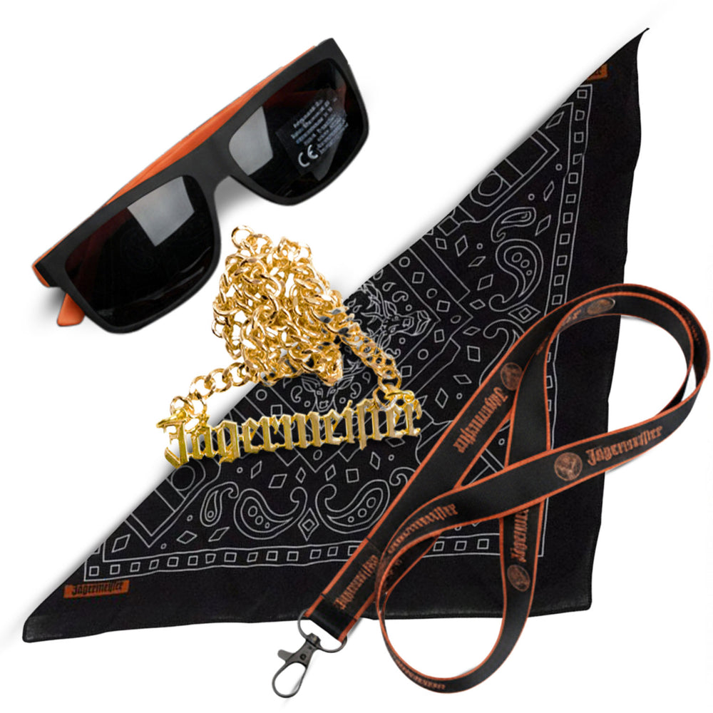 Jägermeister Freizeit Bundle Set I aus Goldkette Sonnenbrille Anhänger Bandana