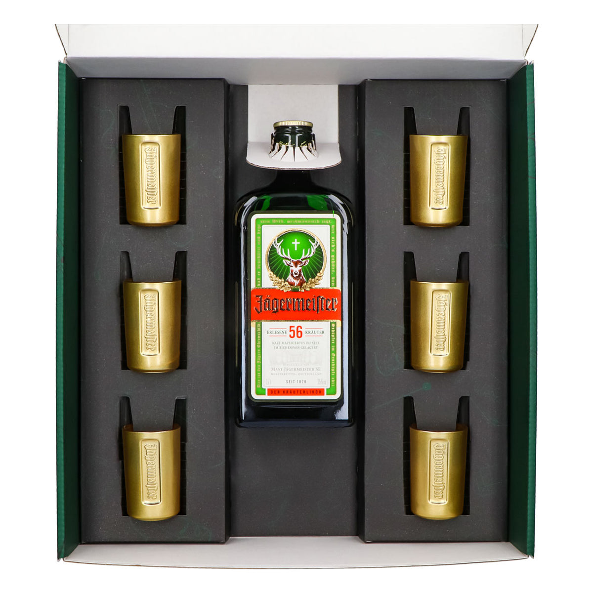Jägermeister Geschenkset 0,7l Flasche 35,0 % Vol. + Shotgläser Gold–Grün – Ansicht 3