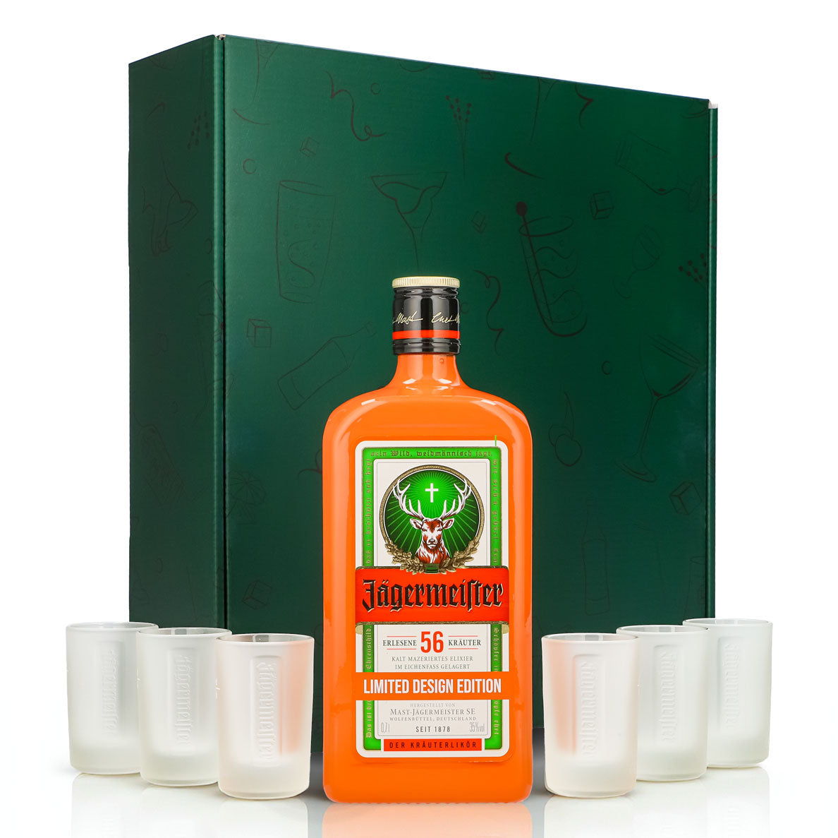 Jägermeister Geschenkset 0,7l Flasche Culture Orange 35,0 % Vol. + Shotgläser Weiß–Grün