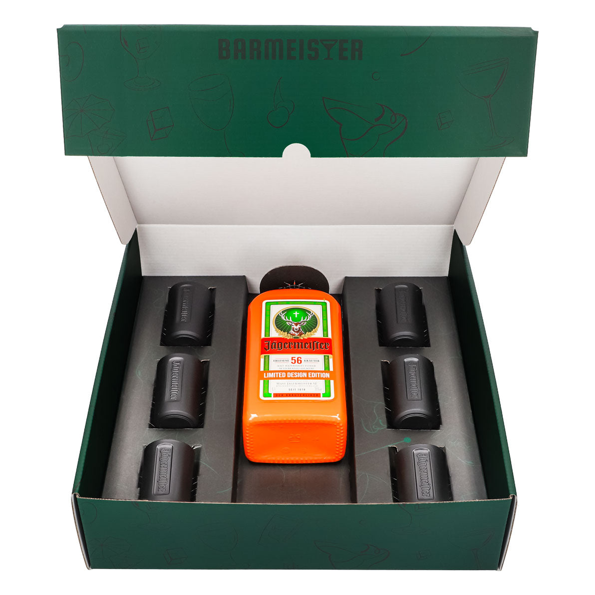 Jägermeister Geschenkset 0,7l Flasche Culture Orange 35,0 % Vol. + Shotgläser Schwarz–Grün – Ansicht 2