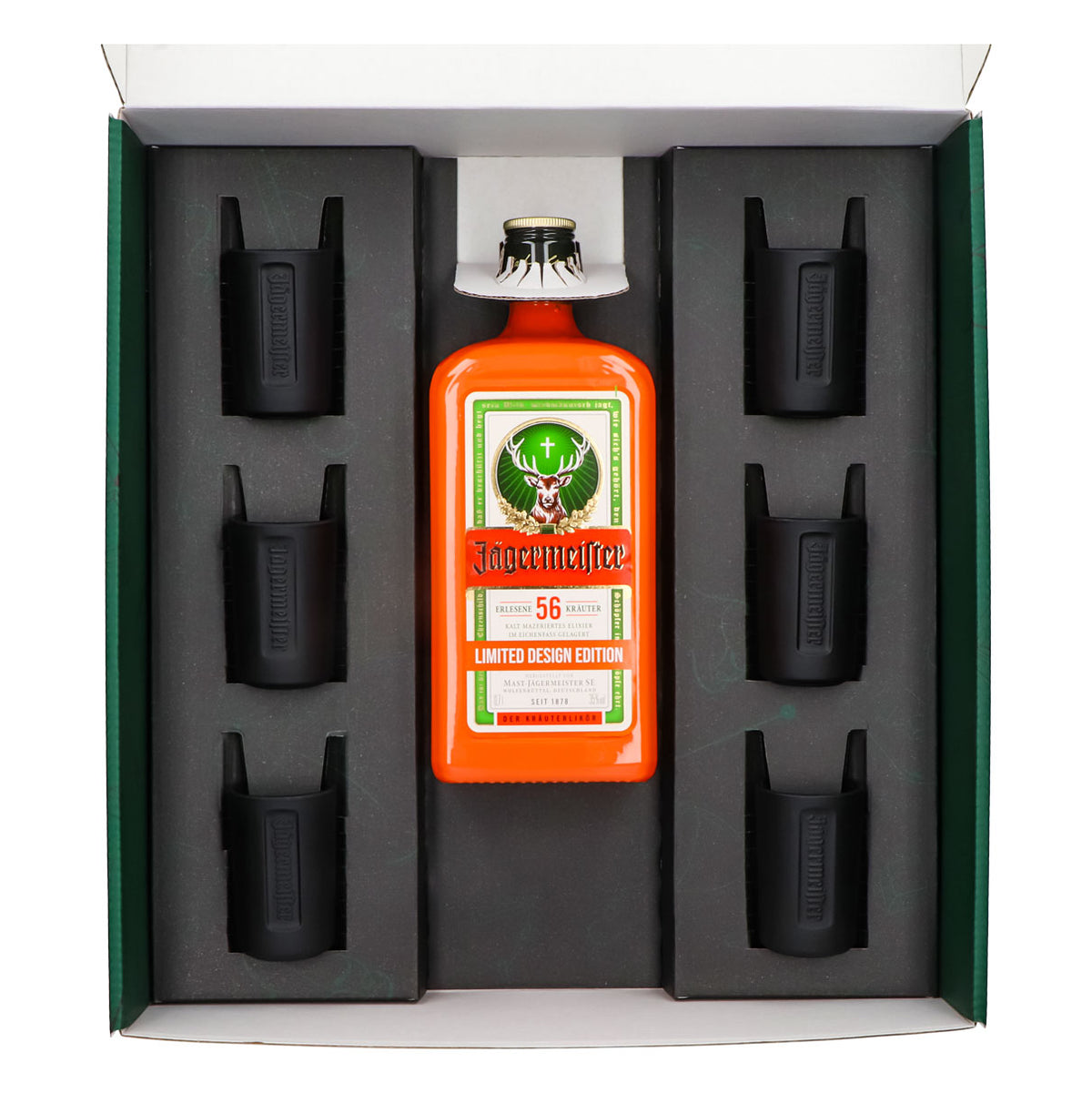 Jägermeister Geschenkset 0,7l Flasche Culture Orange 35,0 % Vol. + Shotgläser Schwarz–Grün – Ansicht 3