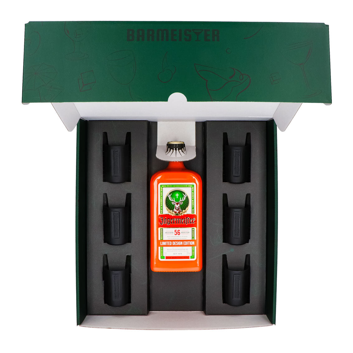 Jägermeister Geschenkset 0,7l Flasche Culture Orange 35,0 % Vol. + Shotgläser Schwarz–Grün – Ansicht 5