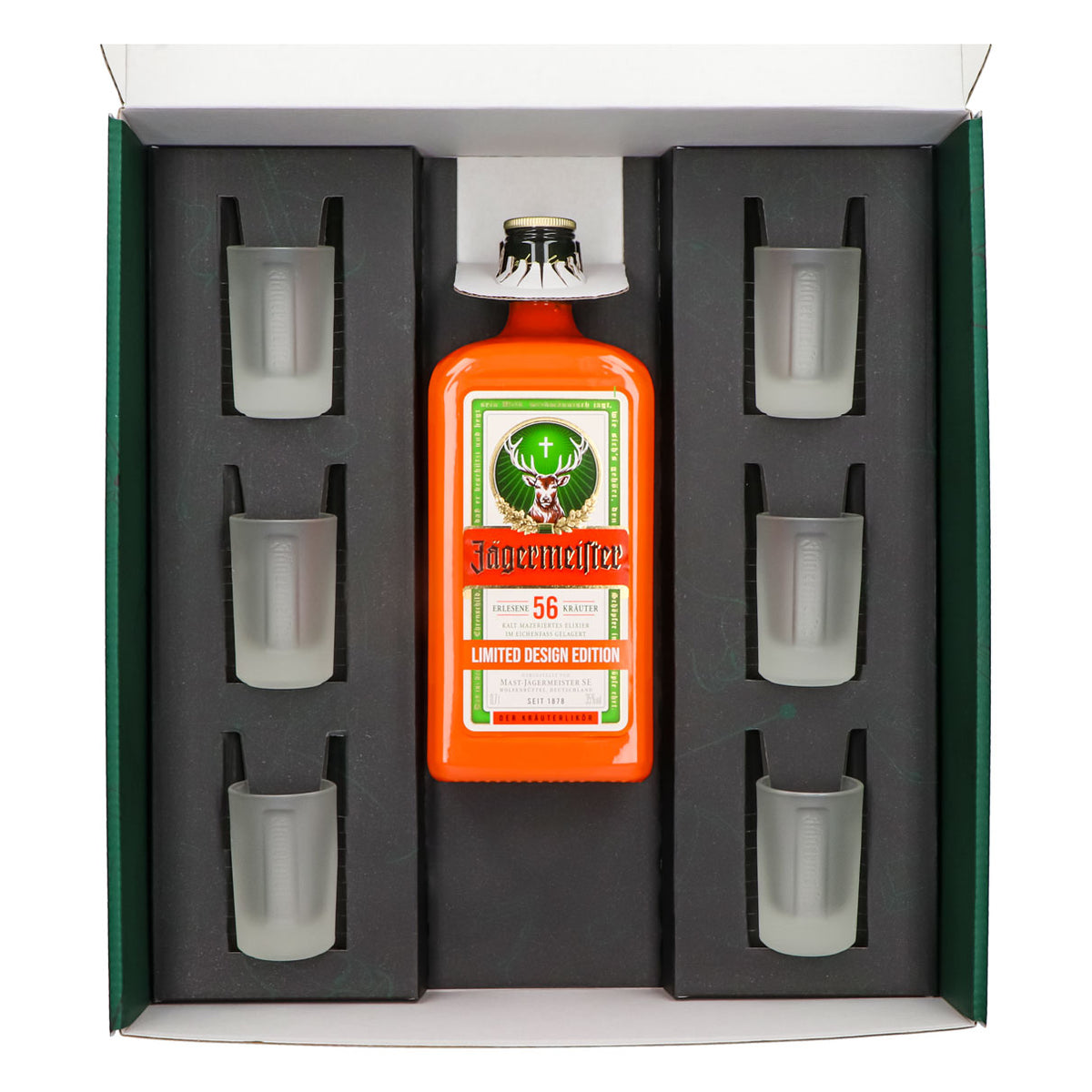 Jägermeister Geschenkset 0,7l Flasche Culture Orange 35,0 % Vol. + Shotgläser Weiß–Grün – Ansicht 3