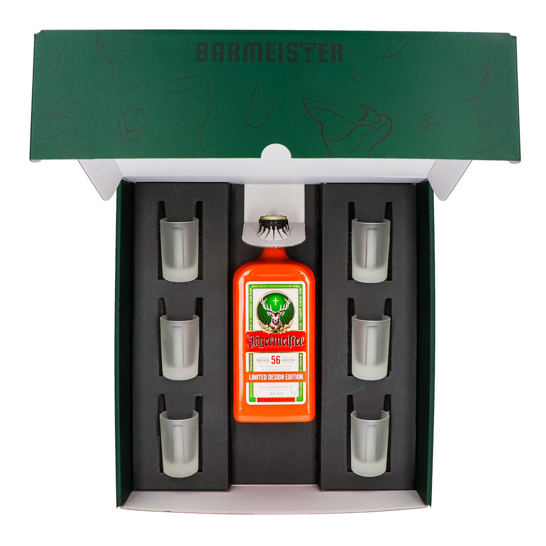 Jägermeister Geschenkset 0,7l Flasche Culture Orange 35,0 % Vol. + Shotgläser Weiß–Grün – Ansicht 5