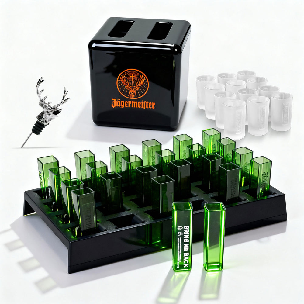 Jägermeister Party Bundle Set aus 24x Shotgläser 12x Shotglas Ausgießer Kühler