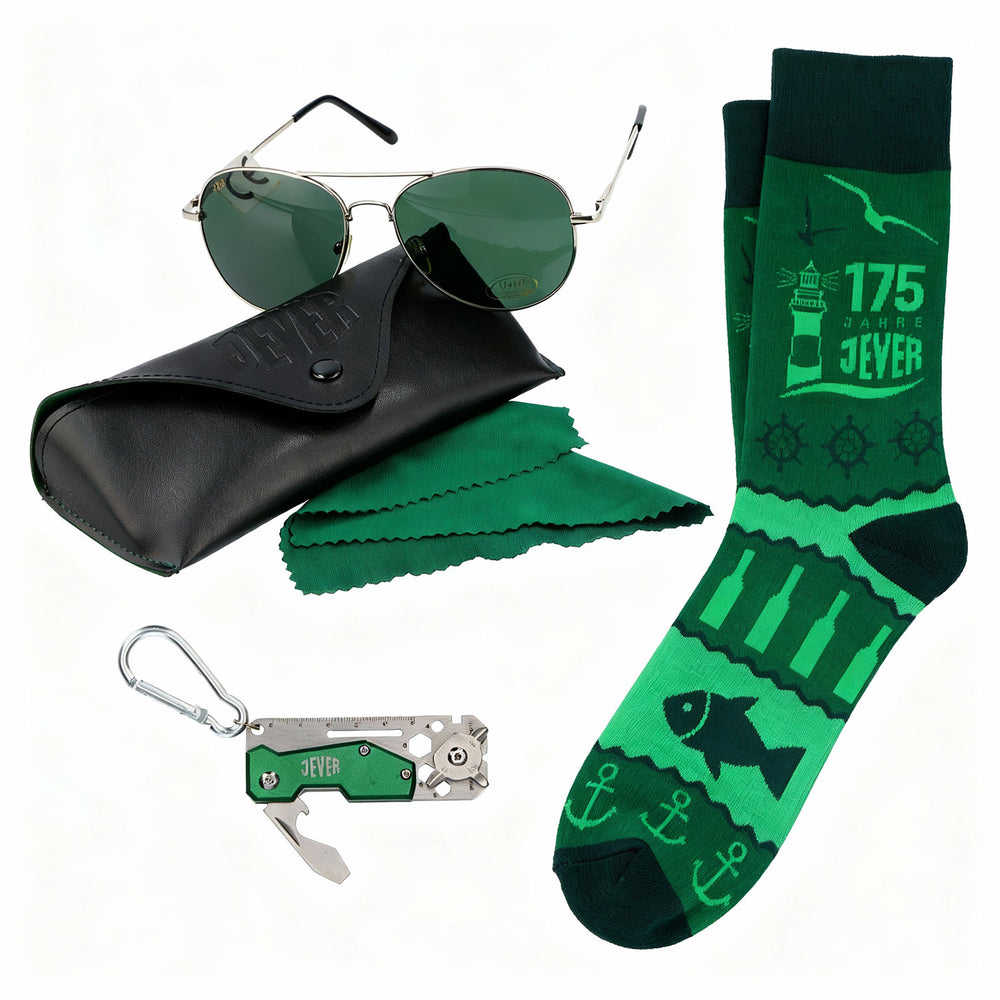 Jever Bier Freizeit Bundle Set aus Sonnenbrille Socken und Multitool / Geschenk