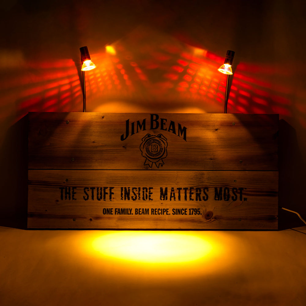Jim Beam Whisky Neon Leuchtreklame Leuchtwerbung Lampe Echtholztafel